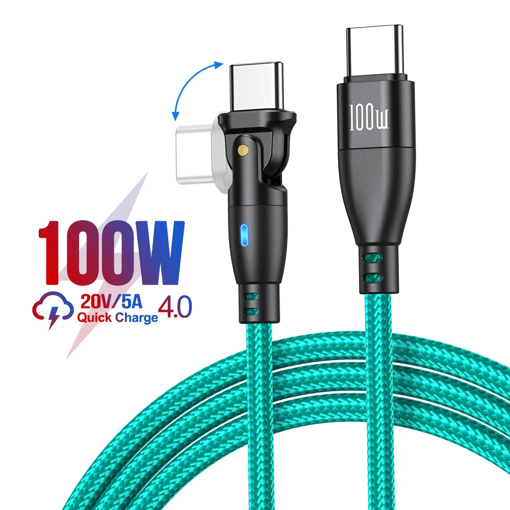 100W USB C to USB C Fast Charging Cable 180° Braided PD Charger Cord with LED Indicator 5A