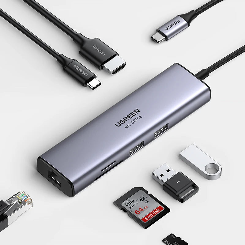 UGREEN 7-in-1 USB-C Hub with 4K 60Hz HDMI, PD 100W, Gigabit Ethernet, USB 3.0 & SD/TF Reader Dock
