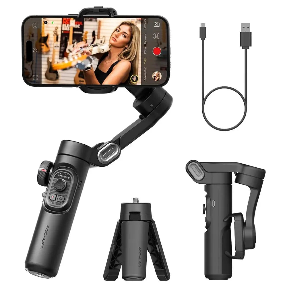AOCHUAN 3 Axis Smartphone Gimbal Stabiliser with RGB Lights Bluetooth Vlog Video Tripod Mount