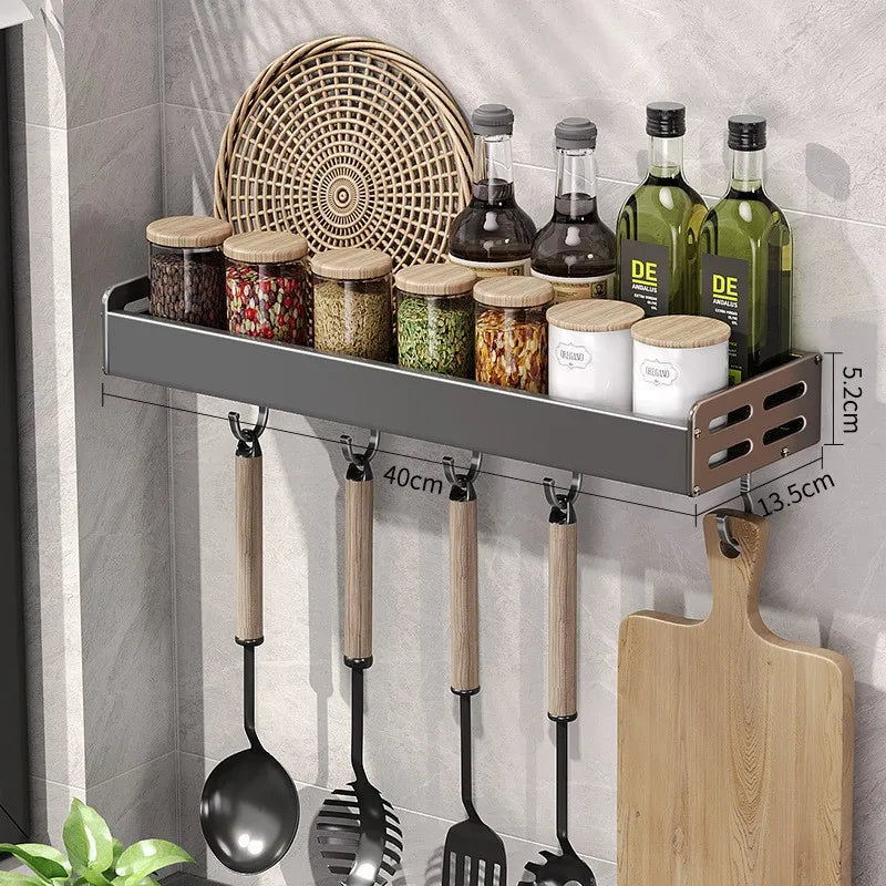 Wall Mount Utensil Holder Kitchen Storage Shelf with Hooks Spice Rack Organiser Stainless Steel