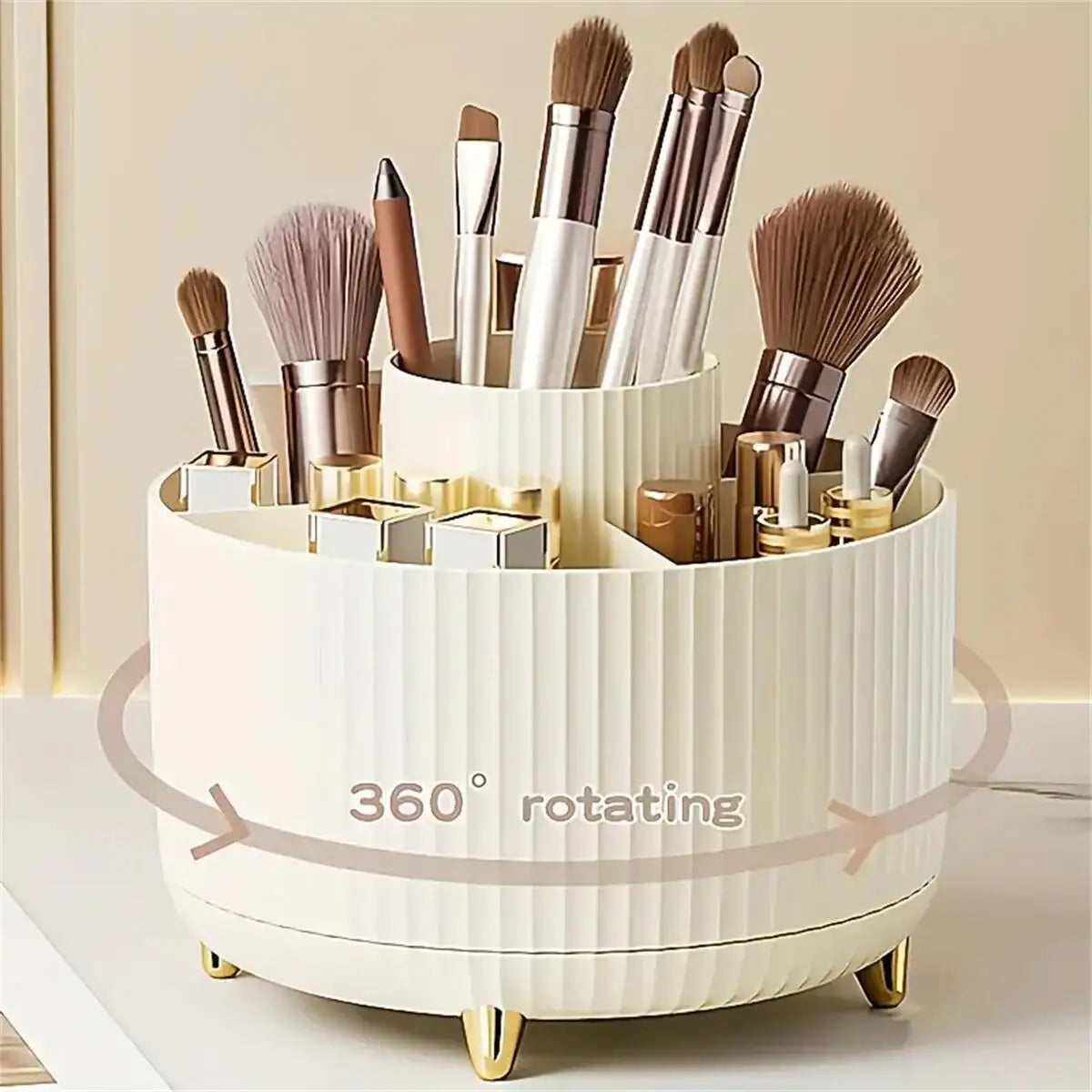360° Rotating Makeup Organiser with 5 Compartments Plastic Cosmetic Brush Storage Holder Stand Tray!