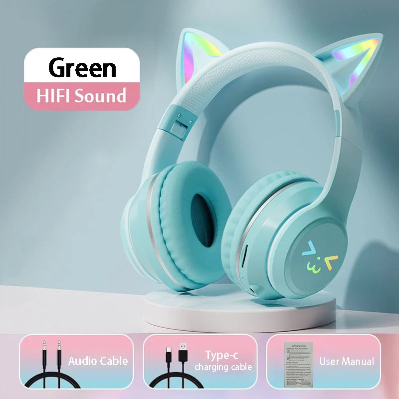 RGB Cat Ear Bluetooth Headphones with LED Lights and Mic (Wireless Gaming Headset)