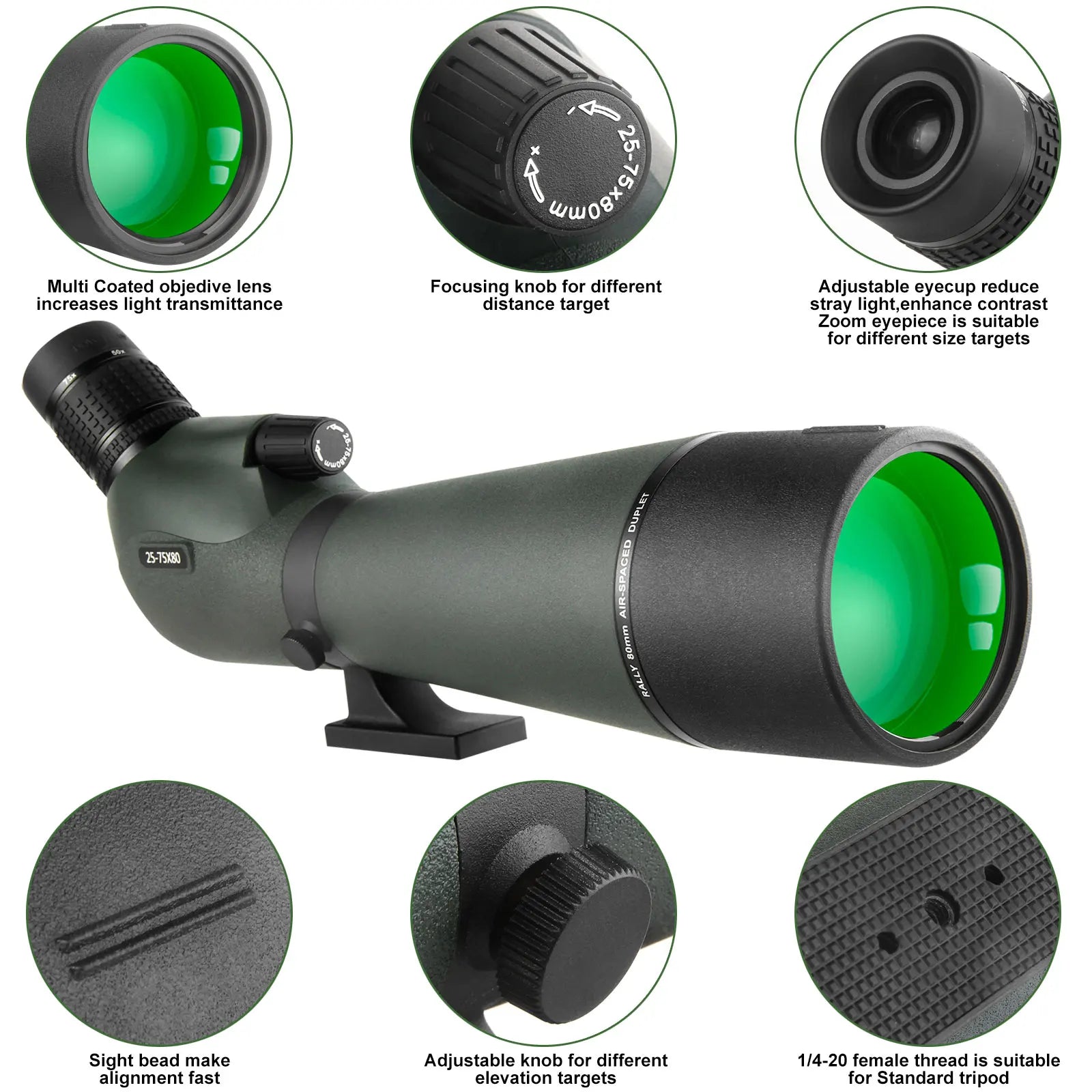 25–75x80 Waterproof Spotting Scope with Tripod & Phone Adapter for Bird Watching Wildlife Shooting