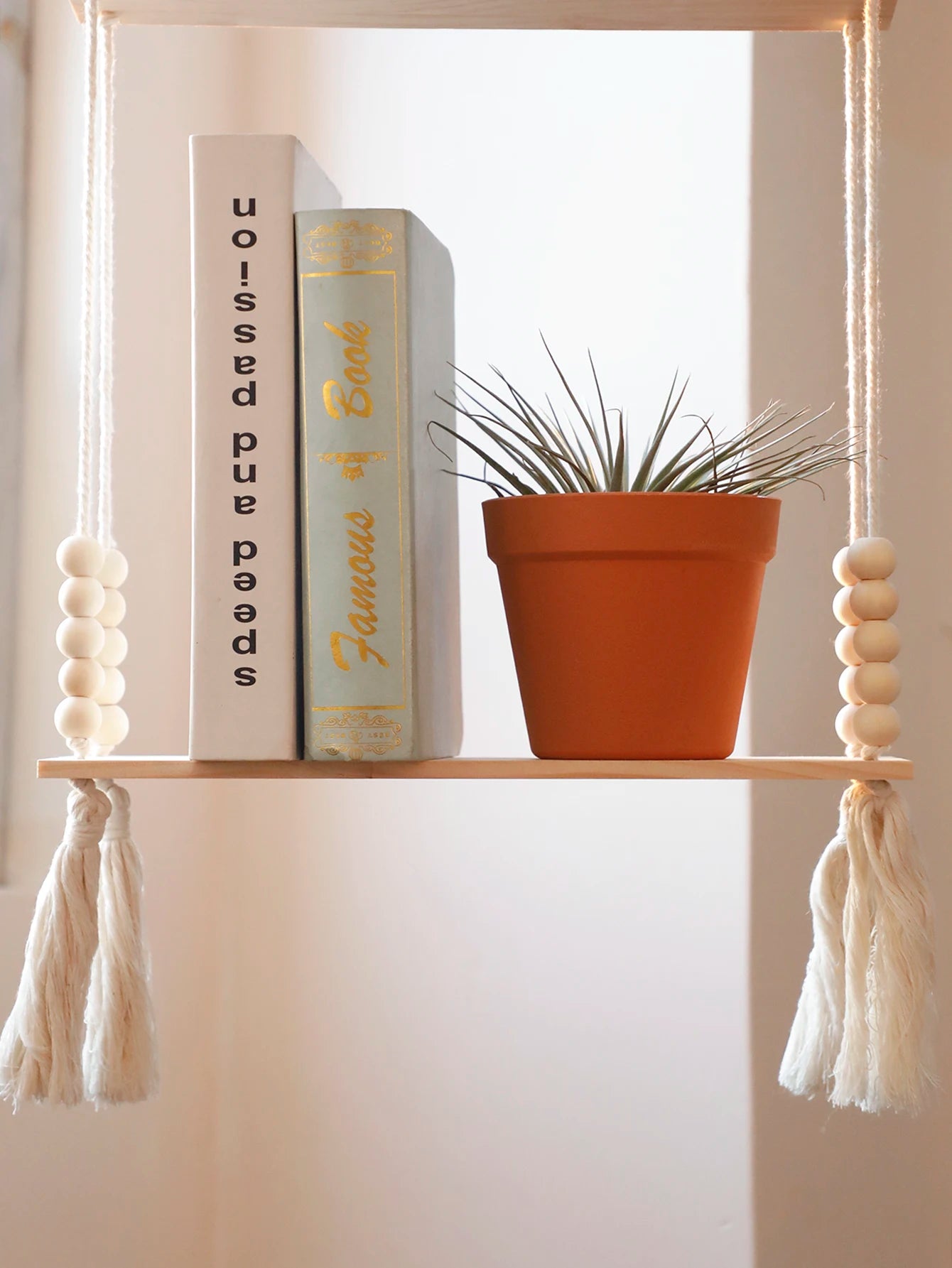Macrame Hanging Shelf Wall Decor Rustic Wood Rope Floating Plant Holder Boho Photo Display Decor