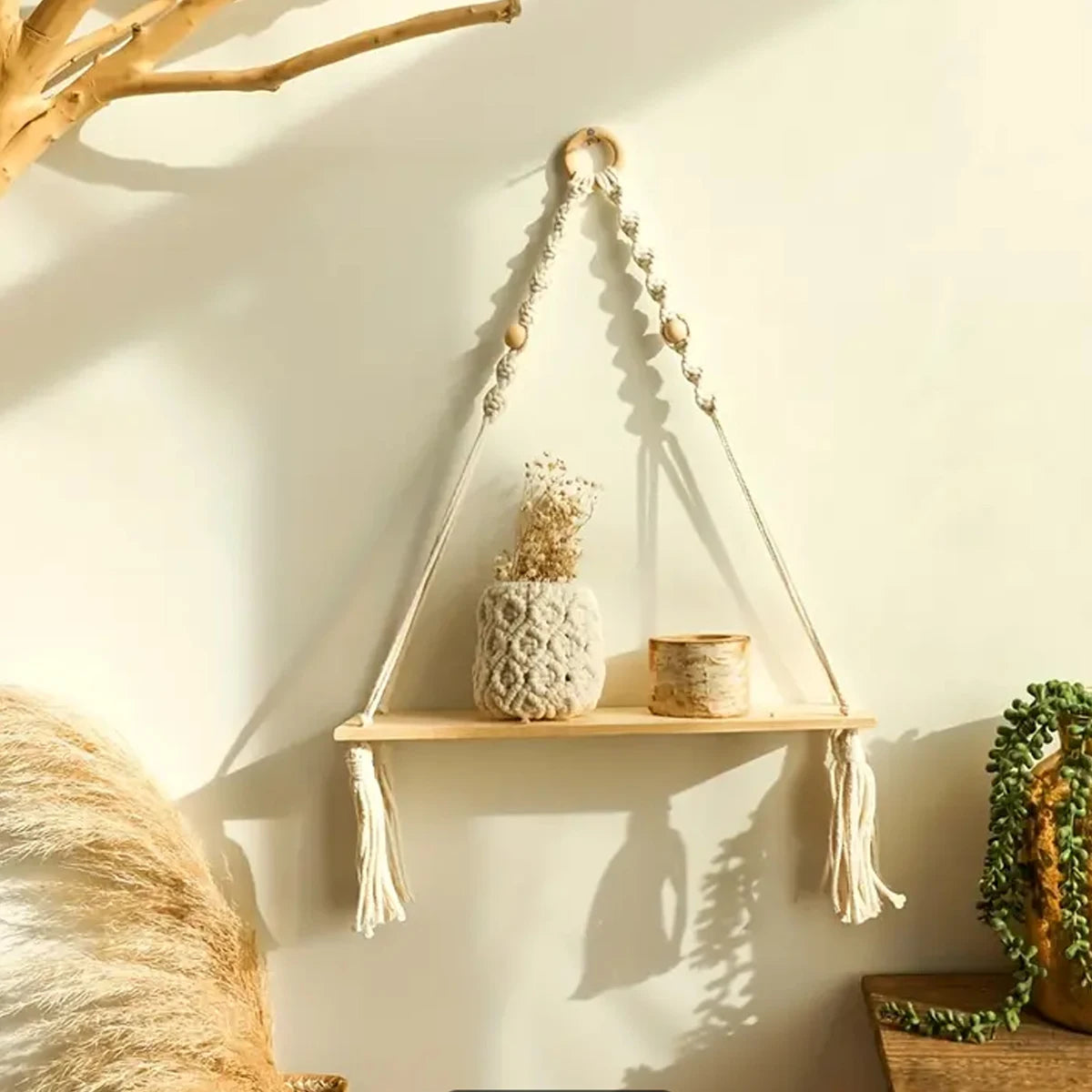 Macrame Hanging Shelf Boho Wall Decor Rustic Wood Floating Plant Holder Bedroom Living Room Decor