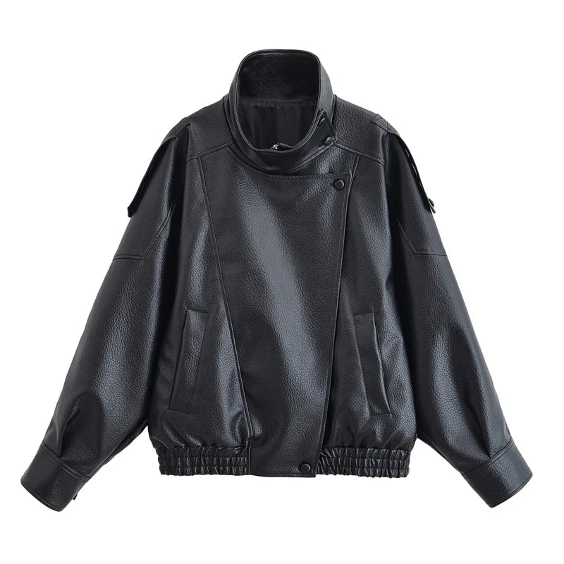 Women’s Black Pebble Faux Leather Motorcycle Jacket Autumn Winter Zip Casual Biker Coat