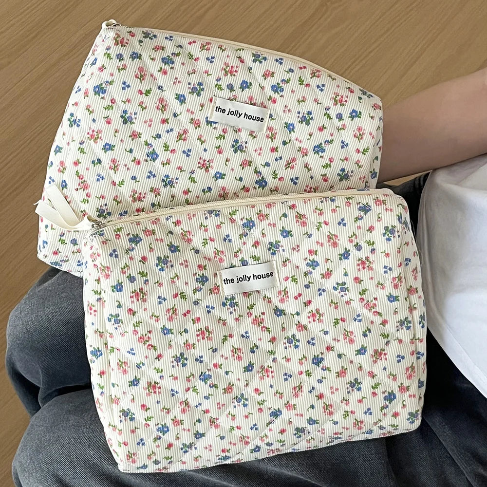 Vintage Floral Women Makeup Bag – Cotton Tote, Quilted Travel Organizer with Zipper Closure