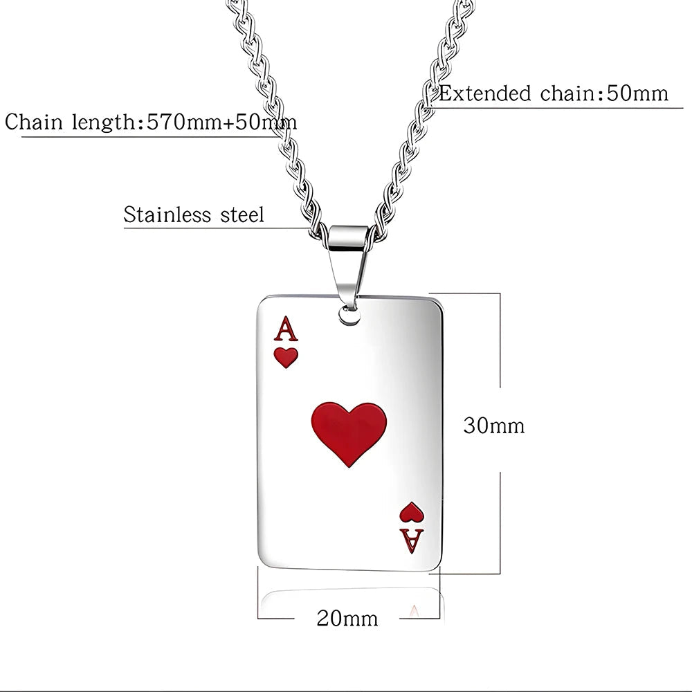 Hip Hop Stainless Steel Poker Card Necklace Ace of Spades & Hearts Pendant Chain Unisex