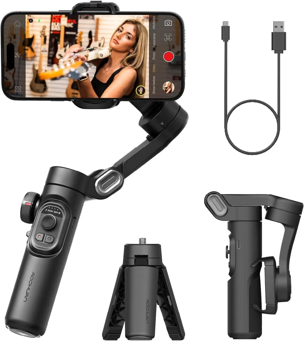 AOCHUAN 3 Axis Smartphone Gimbal Stabiliser with RGB Lights Bluetooth Vlog Video Tripod Mount