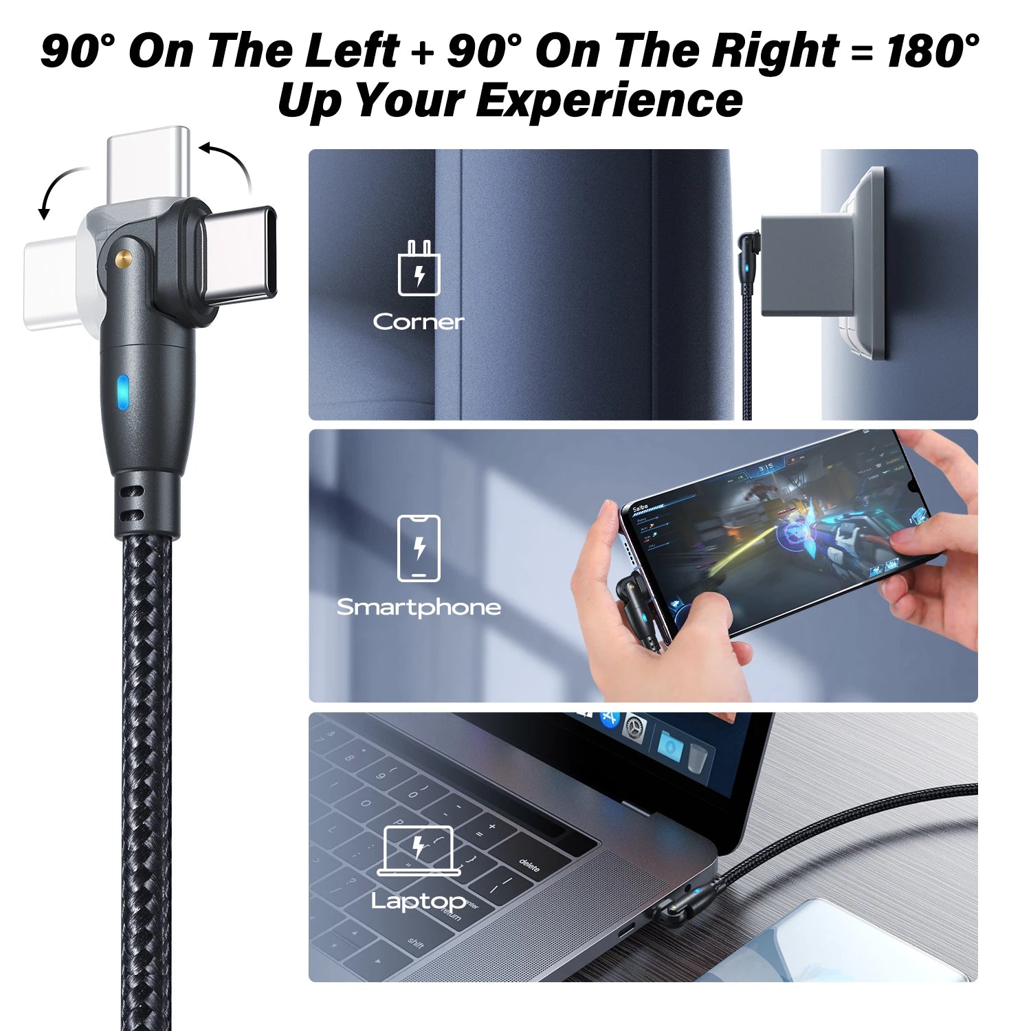 100W USB C to USB C Fast Charging Cable 180° Braided PD Charger Cord with LED Indicator 5A