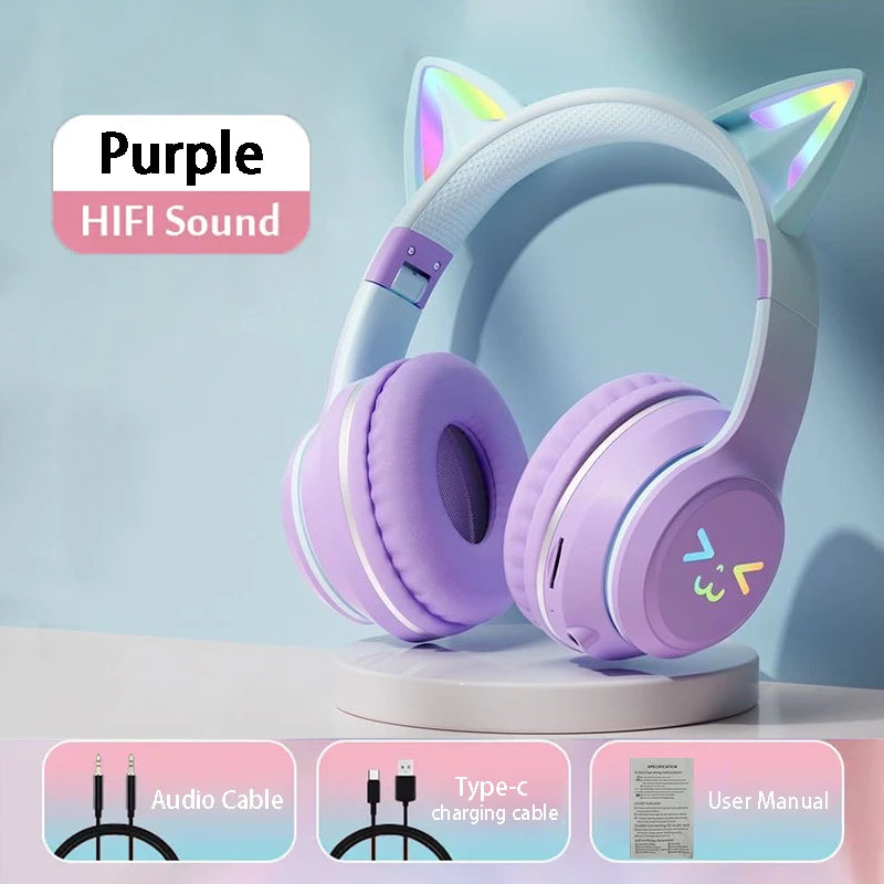 RGB Cat Ear Bluetooth Headphones with LED Lights and Mic (Wireless Gaming Headset)