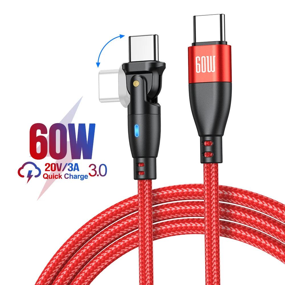 100W USB C to USB C Fast Charging Cable 180° Braided PD Charger Cord with LED Indicator 5A