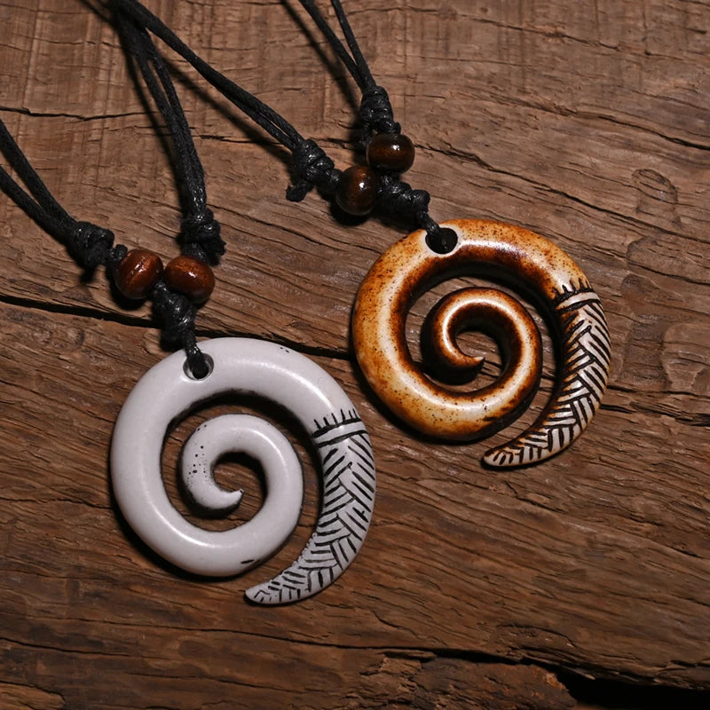 NZ Maori Spiral Koru Pendant Necklace Tribal Resin Choker Adjustable Rope Unisex Vintage Amulet