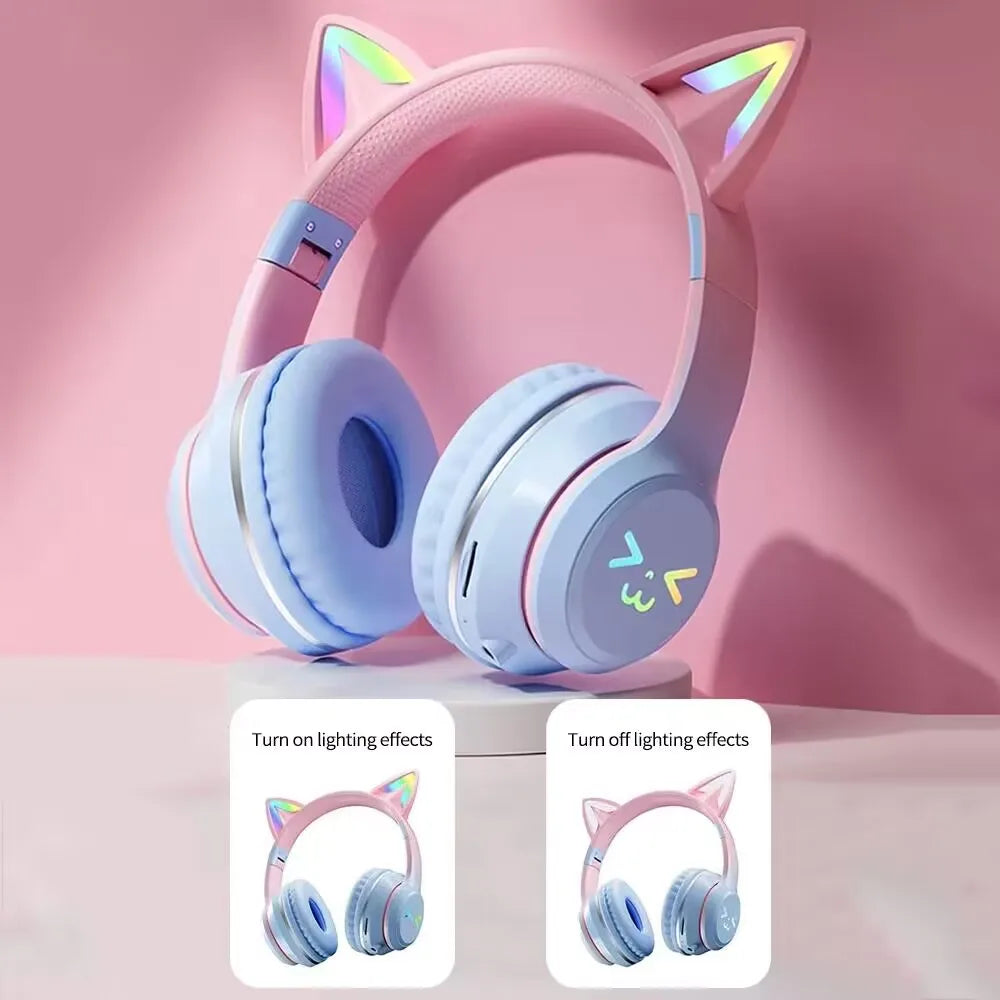 RGB Cat Ear Bluetooth Headphones with LED Lights and Mic (Wireless Gaming Headset)