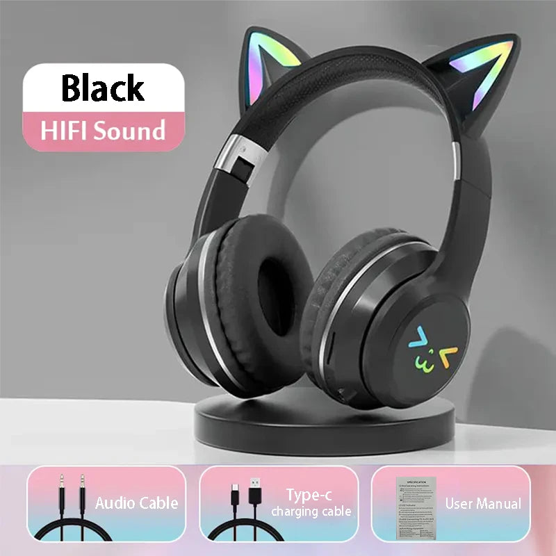 RGB Cat Ear Bluetooth Headphones with LED Lights and Mic (Wireless Gaming Headset)