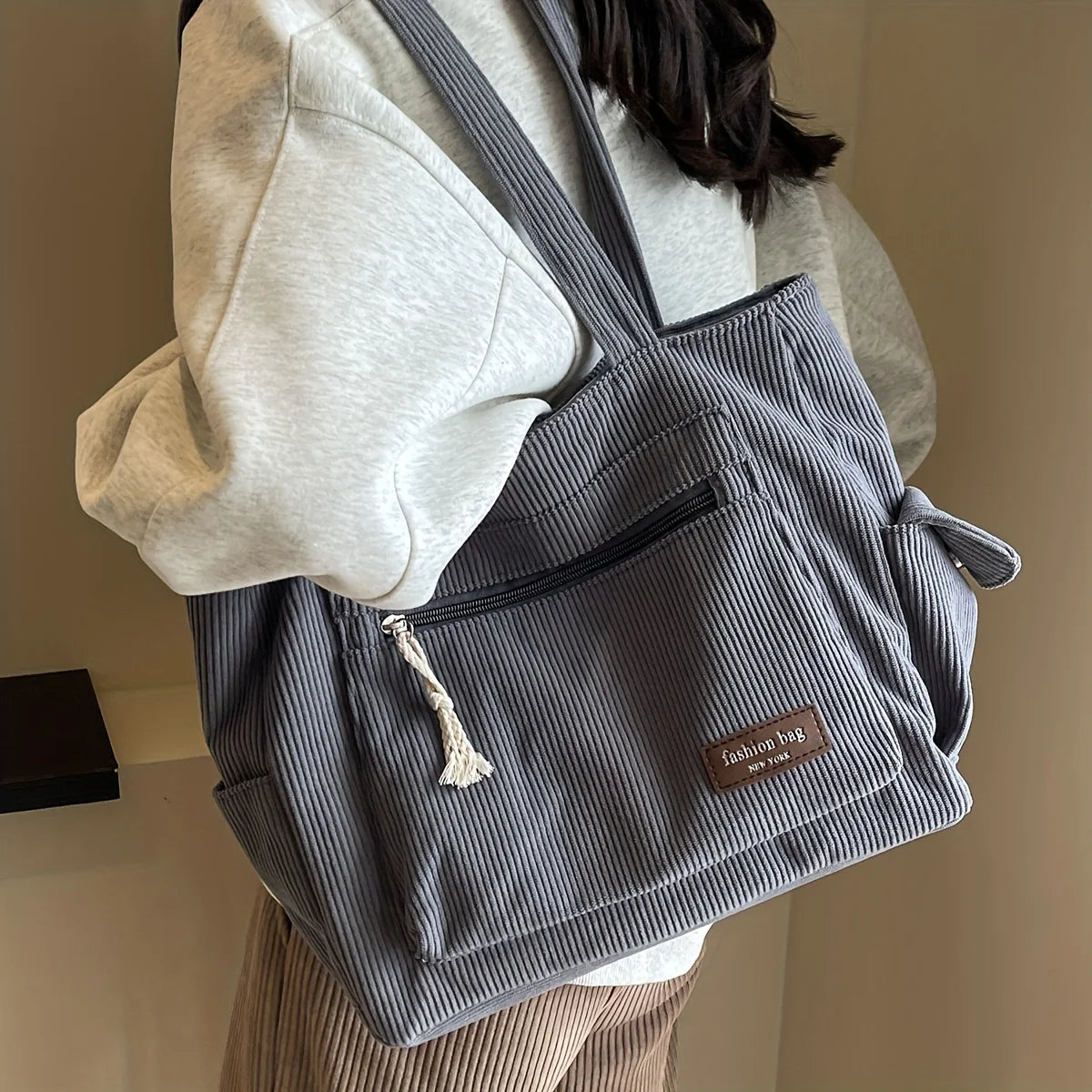 Retro Corduroy Tote Bag Shoulder Handbag with Zipper and Multi Pockets for Work School Shopping