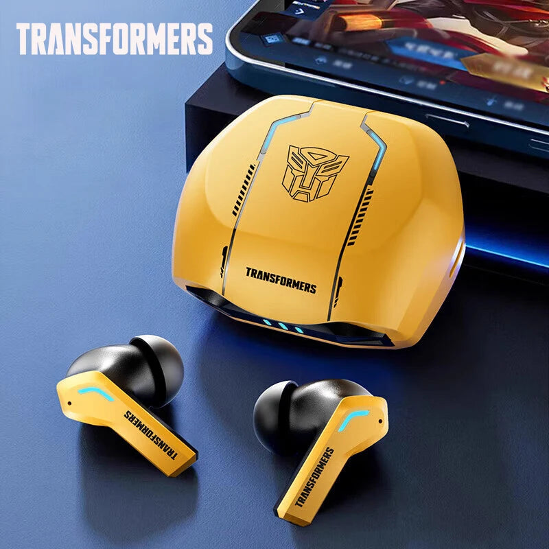 Transformers TF-T06 Bluetooth 5.3 gaming earbuds with noise reduction in yellow case.