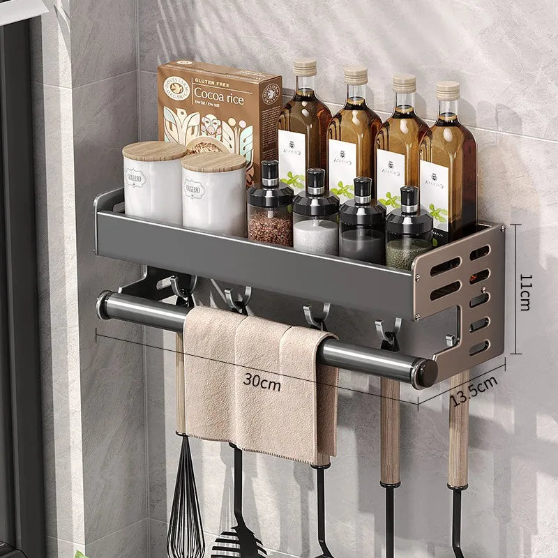 Wall Mount Utensil Holder Kitchen Storage Shelf with Hooks Spice Rack Organiser Stainless Steel