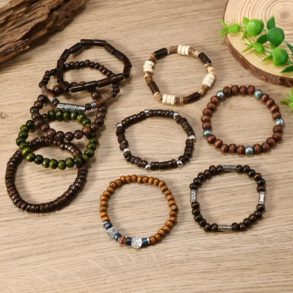 10pcs Bohemian Beaded Bracelets for Vintage Wooden Multi Layer Life Tree Punk Accessory Gift Set