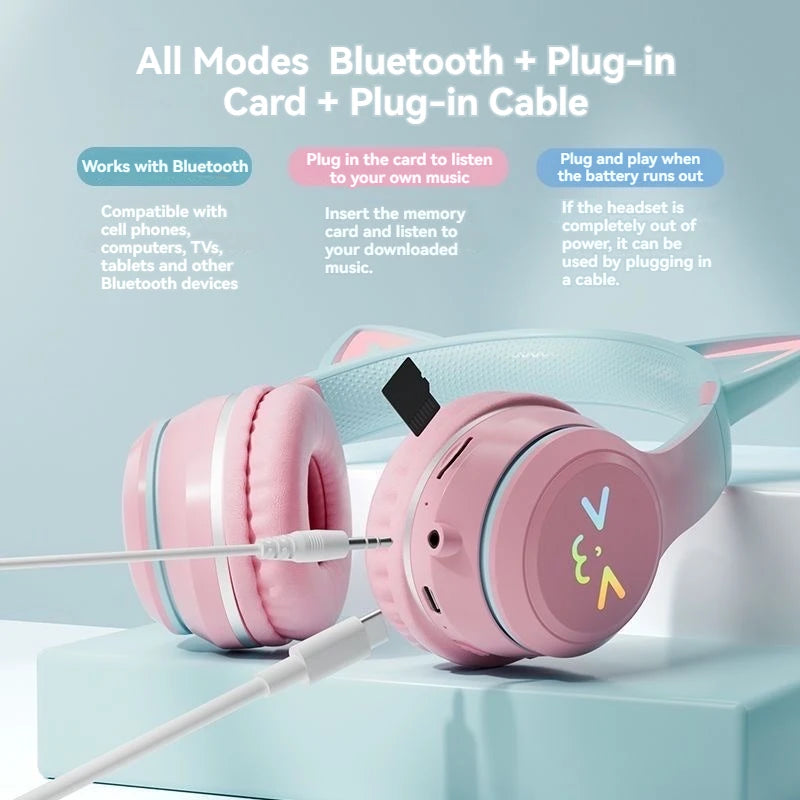 RGB Cat Ear Bluetooth Headphones with LED Lights and Mic (Wireless Gaming Headset)