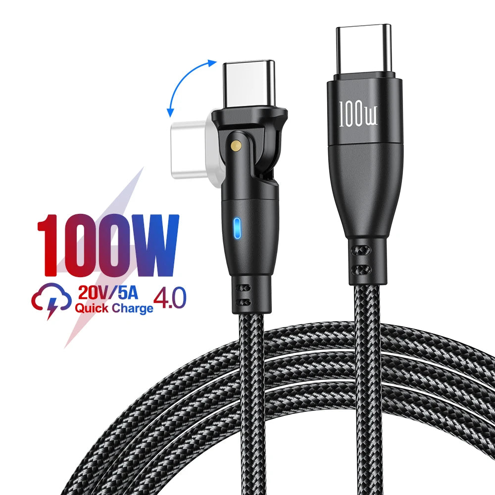 100W USB C to USB C Fast Charging Cable 180° Braided PD Charger Cord with LED Indicator 5A