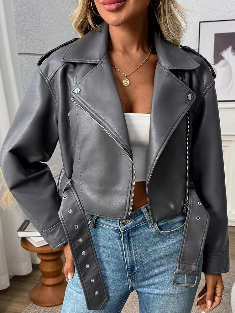 Women’s Chic Faux PU Leather Biker Jacket Belted Zip Moto Short Lapel All Seasons Wear