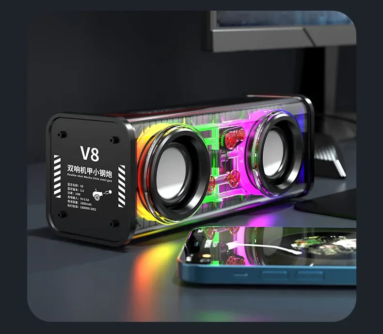 V8 Transparent Mecha Bluetooth Speaker RGB TWS 10W Portable Mini Bass Wireless Party Speaker Stereo