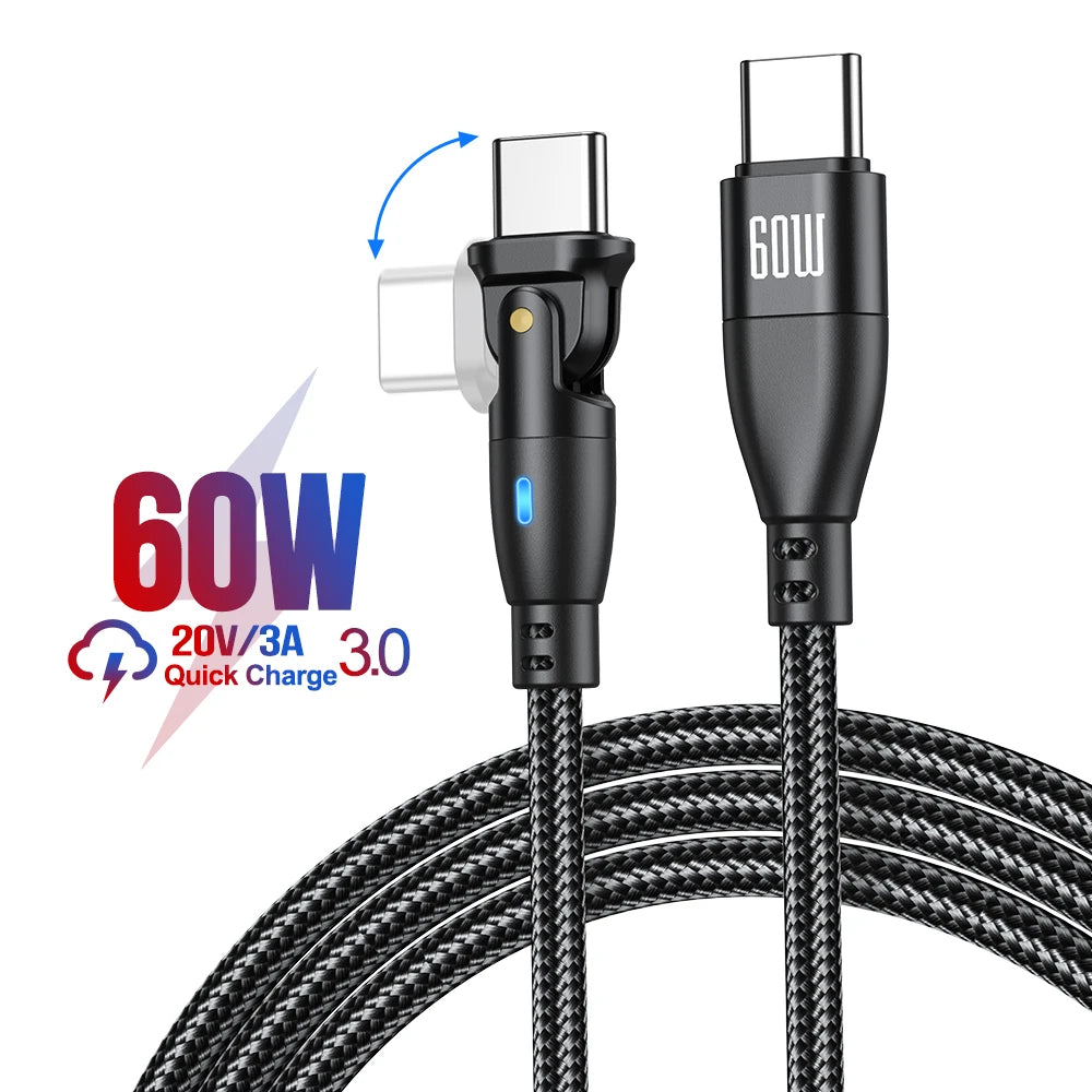 100W USB C to USB C Fast Charging Cable 180° Braided PD Charger Cord with LED Indicator 5A