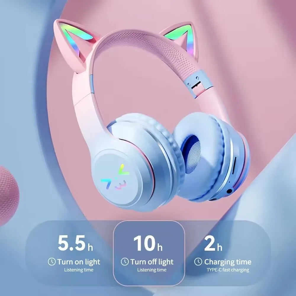 RGB Cat Ear Bluetooth Headphones with LED Lights and Mic (Wireless Gaming Headset)