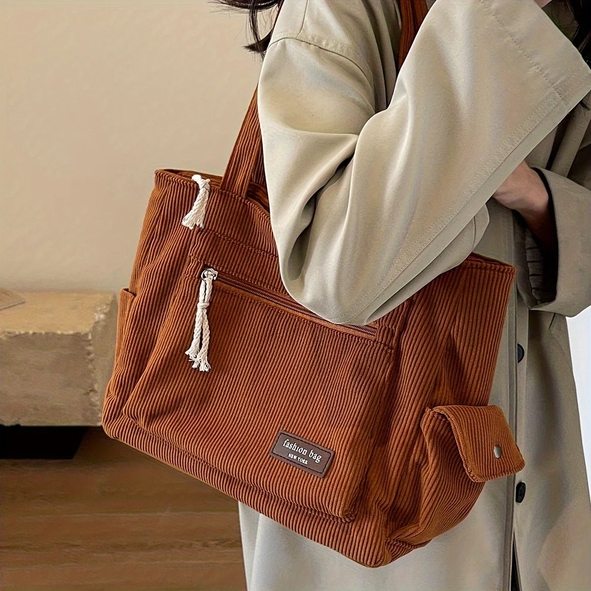 Retro Corduroy Tote Bag Shoulder Handbag with Zipper and Multi Pockets for Work School Shopping