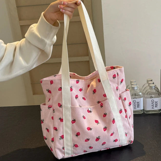 Women’s Corduroy Fruit Print Shoulder Bag Casual Soft Satchel Underarm Commuter Handbag NZ