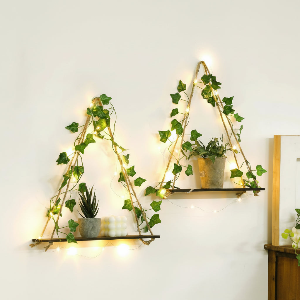 LED Floating Wall Shelf Boho Wooden Hanging Shelf with Leaf Decor Ambient LED Home Storage Display