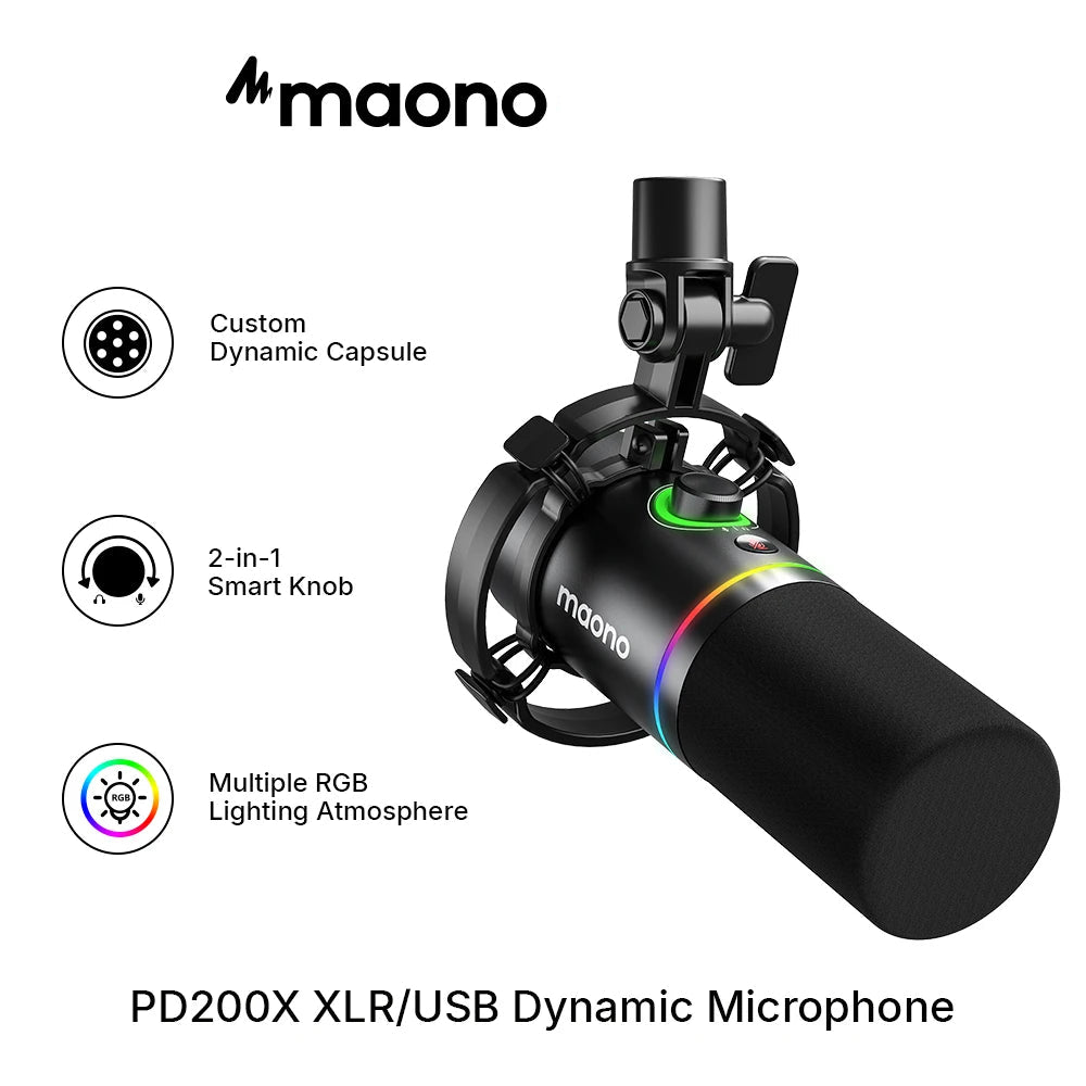 MAONO PD200XS USB XLR Dynamic Microphone Kit with Boom Arm for Streaming Gaming Podcast Studio