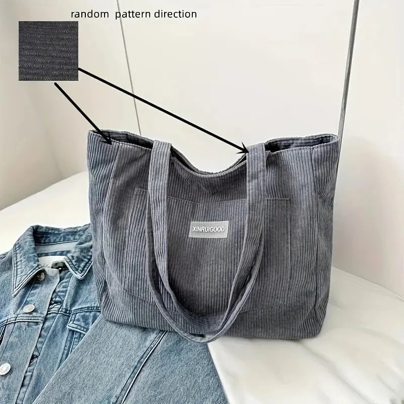 Trendy Corduroy Tote Bag with Front Pocket Large Capacity Casual Shoulder Handbag Women