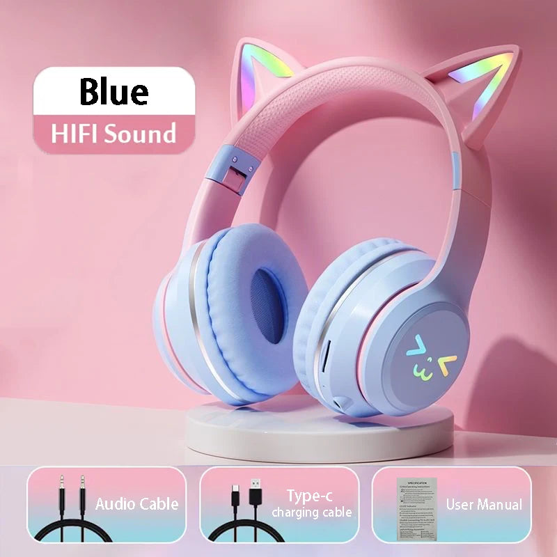 RGB Cat Ear Bluetooth Headphones with LED Lights and Mic (Wireless Gaming Headset)