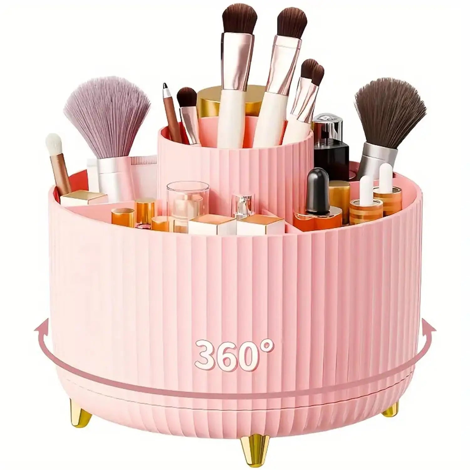 360° Rotating Makeup Organiser with 5 Compartments Plastic Cosmetic Brush Storage Holder Stand Tray!