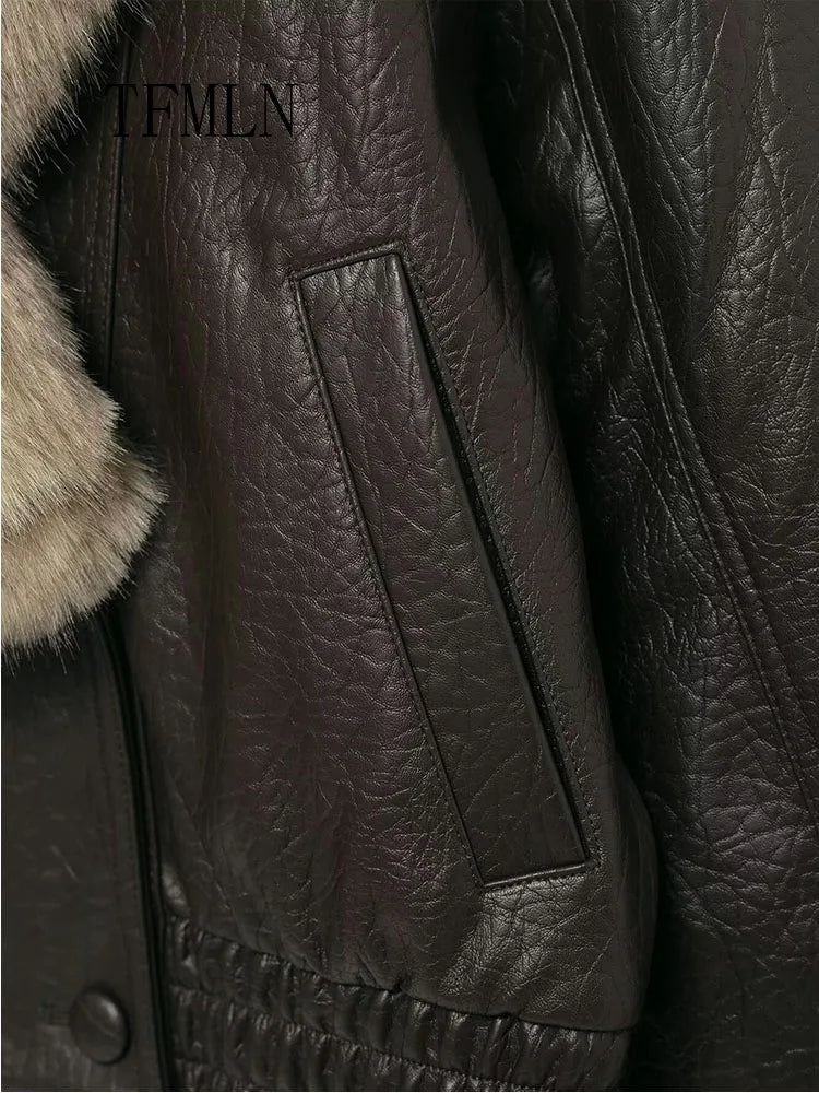 Autumn Winter Women’s Faux Leather Jacket Loose Double Breasted Coat with Fur Collar European Style