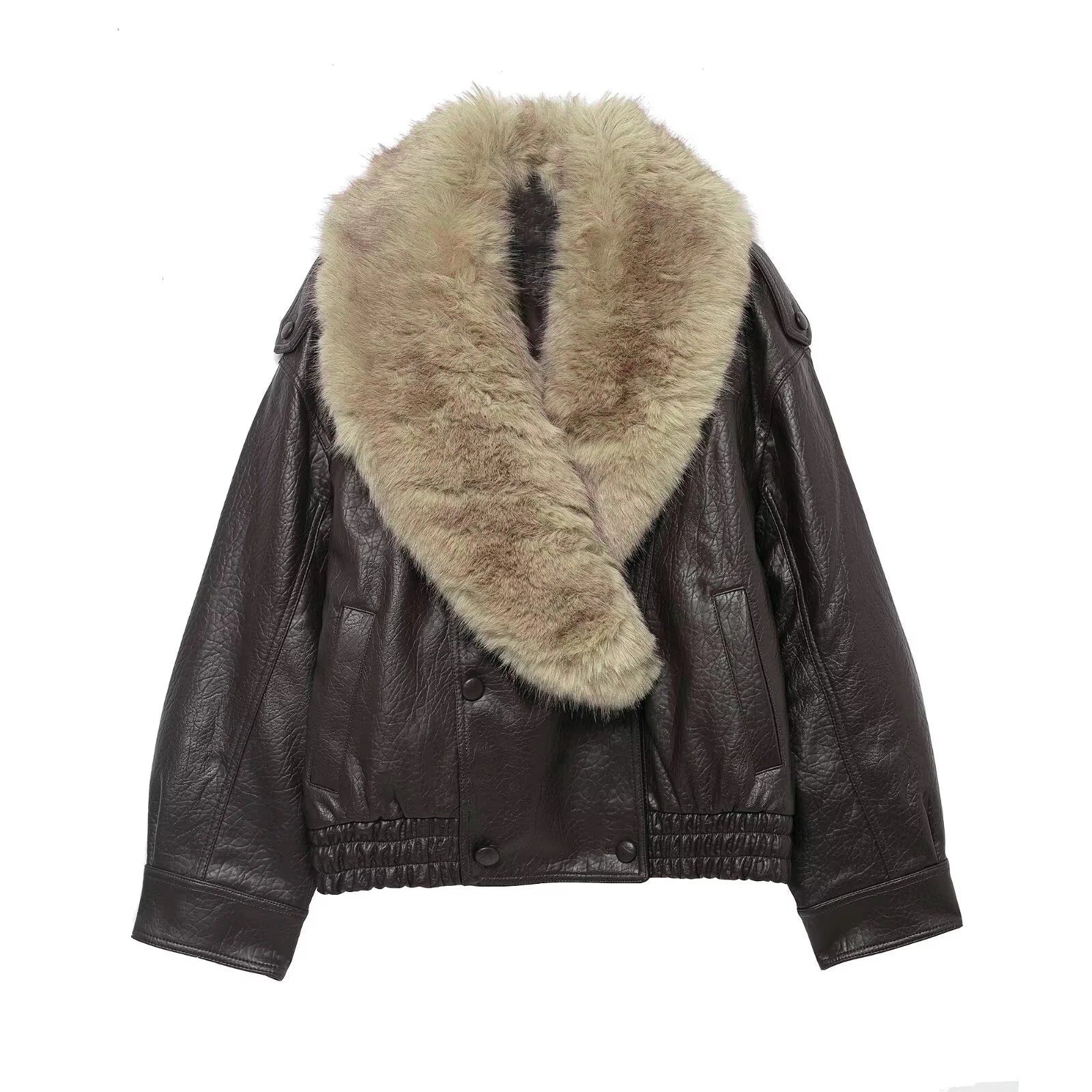 Autumn Winter Women’s Faux Leather Jacket Loose Double Breasted Coat with Fur Collar European Style