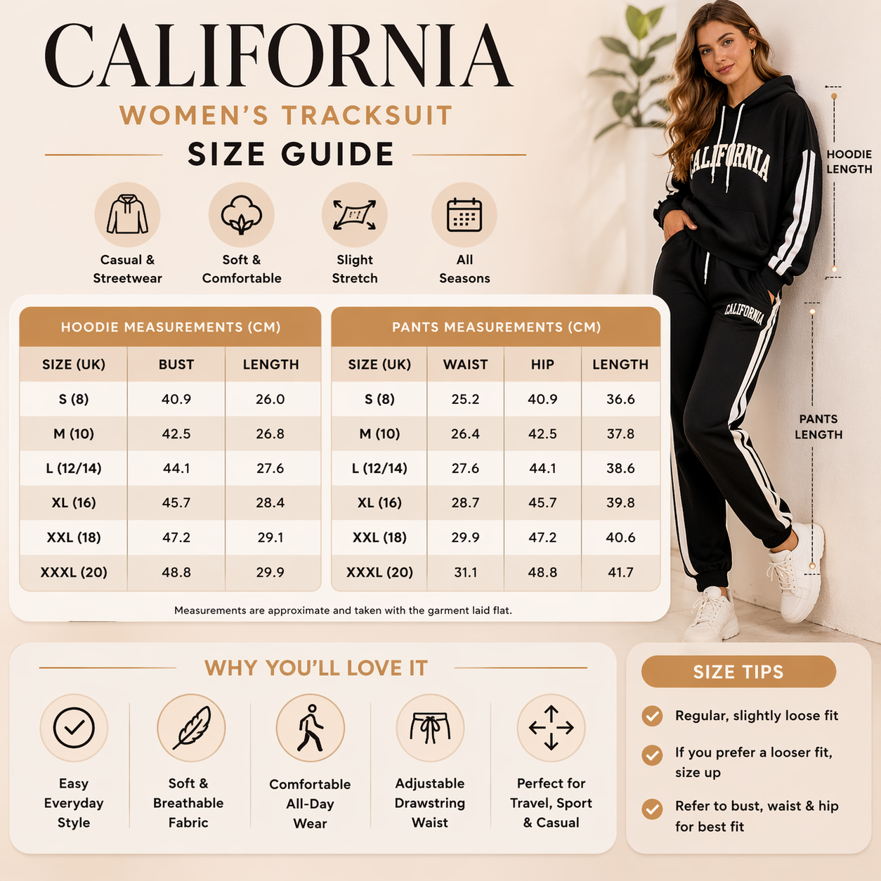 CALIFORNIA Women’s Tracksuit Casual Stripe Hooded Sweatshirt & Pants Set Sportswear S-3XL