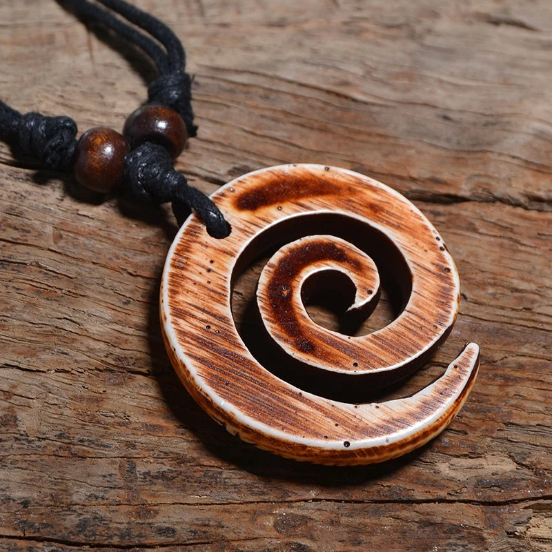 NZ Maori Spiral Koru Pendant Necklace Tribal Resin Choker Adjustable Rope Unisex Vintage Amulet