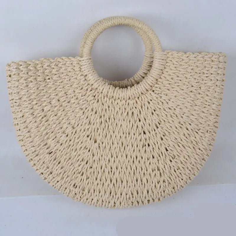 Moon-Shaped Handmade Straw Beach Bag Boho Chic Summer Tote for Women Travel & Holidays