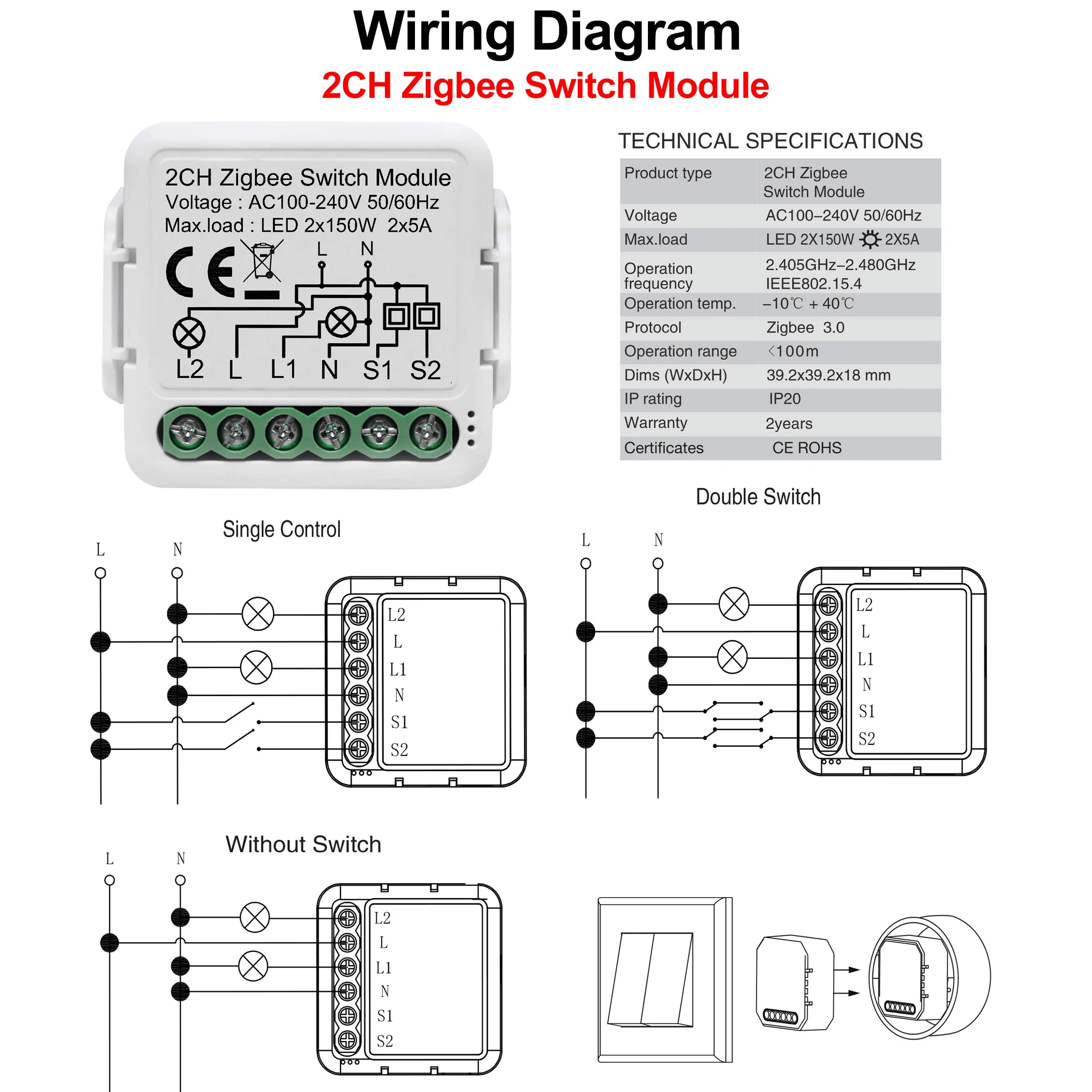 GIRIER ZigBee Smart Light Switch Module 4 Gang DIY Relay Works with Alexa or Google Home