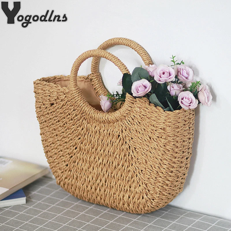 Moon-Shaped Handmade Straw Beach Bag Boho Chic Summer Tote for Women Travel & Holidays