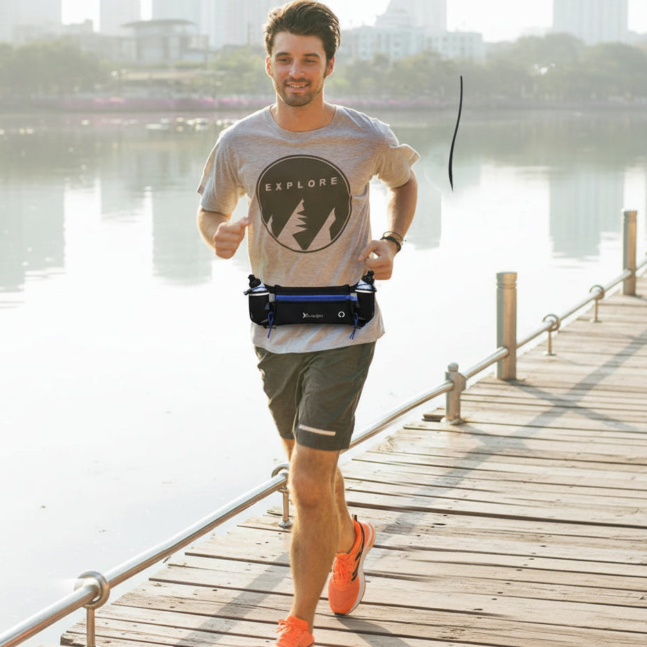 Running Waist Pack with Phone Pocket Dual Bottle Holders Marathon Running Fitness Sports Belt Bag