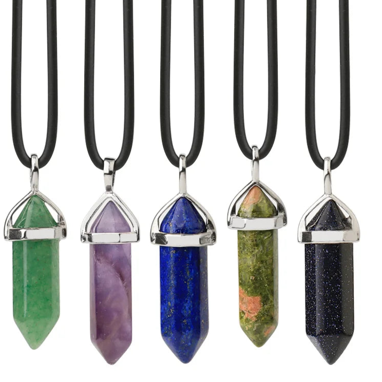 Natural Gemstone Hexagonal Bullet Necklace Quartz Crystal Pendant Chakra Healing Reiki Jewellery