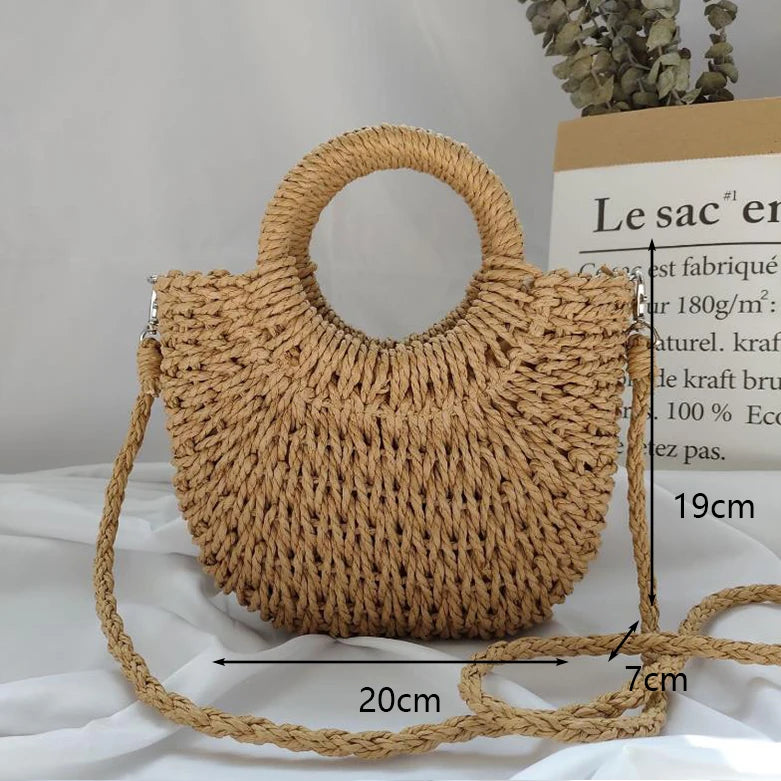 Moon-Shaped Handmade Straw Beach Bag Boho Chic Summer Tote for Women Travel & Holidays
