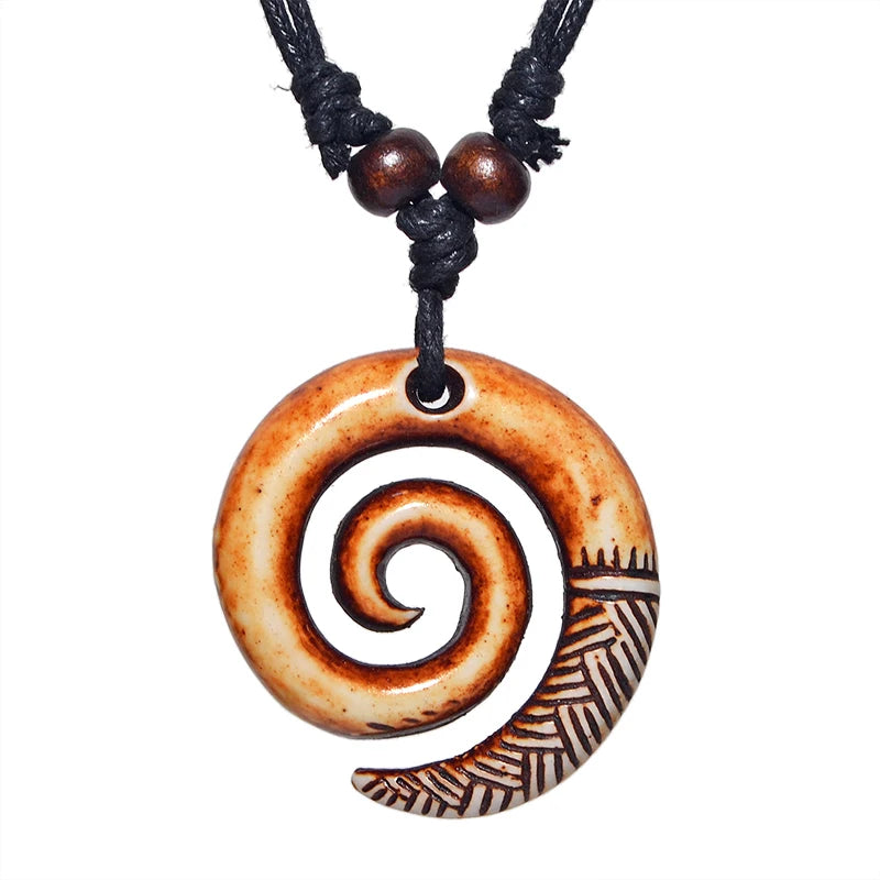 NZ Maori Spiral Koru Pendant Necklace Tribal Resin Choker Adjustable Rope Unisex Vintage Amulet