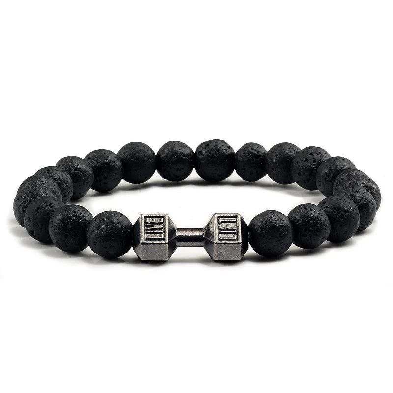 Natural Lava Stone Bead Bracelet for Men & Women with Dumbbell Charm Fitness Jewellery