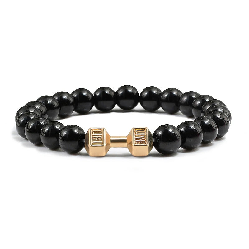Natural Lava Stone Bead Bracelet for Men & Women with Dumbbell Charm Fitness Jewellery