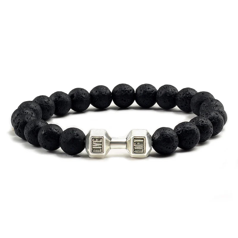 Natural Lava Stone Bead Bracelet for Men & Women with Dumbbell Charm Fitness Jewellery